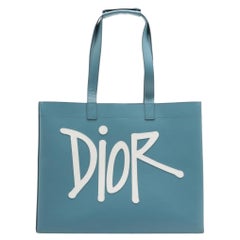 Christian Dior x Shawn Stussy Logo Borsa Tote in pelle blu