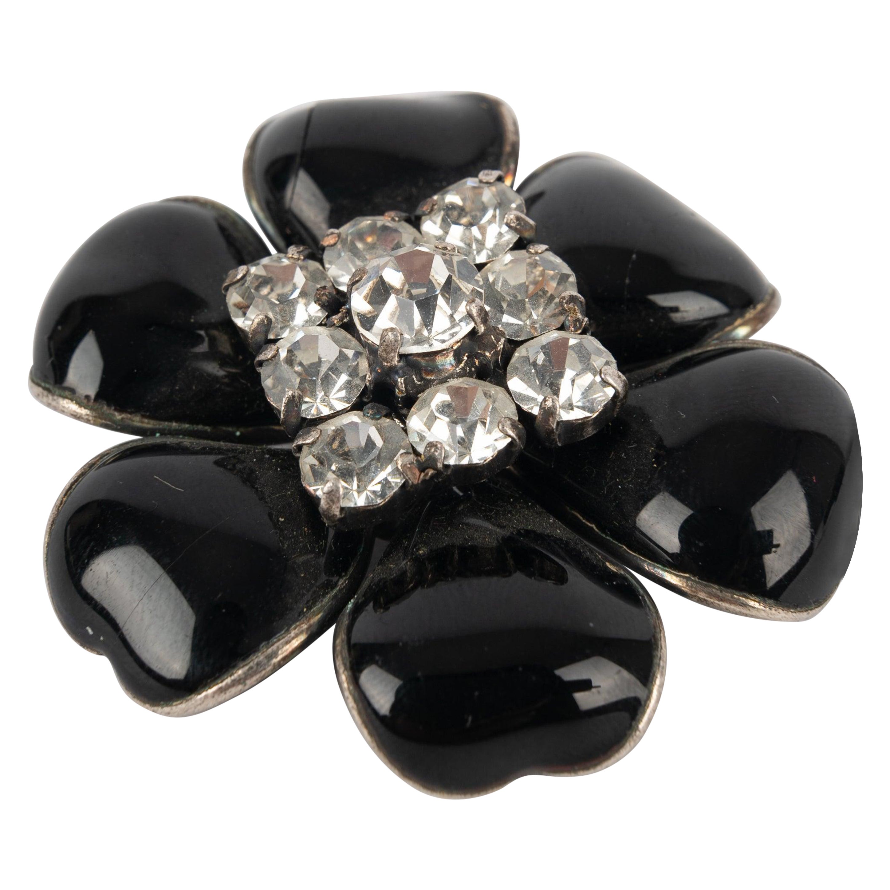 Chanel Camellia Brooch with Black Glass Paste and Rhinestones, 1995 For Sale