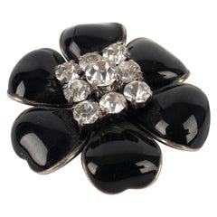 Vintage Chanel Camellia Brooch with Black Glass Paste and Rhinestones, 1995