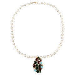 Vintage Chanel Costume Pearl Necklace with Multicolored Glass Paste Brooch 
