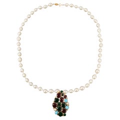 Chanel Costume Pearl Necklace with Multicolored Glass Paste Brooch