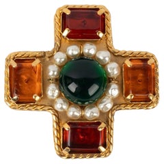 Vintage Chanel Cross Brooch with Cabochons and Costume Pearls, 2005