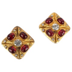 Retro Chanel Earrings with Red Glass Paste and Rhinestones