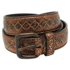 Used Bottega Veneta Bronze Intrecciato Leather Slim Buckle Belt 90CM