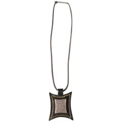 Hermes Brown Leather Engraved Silver Metal Necklace, 2003 Jewelry