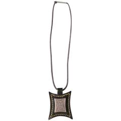 HERMES Brown Leather Engraved Silver Metal 2003 Necklace 12