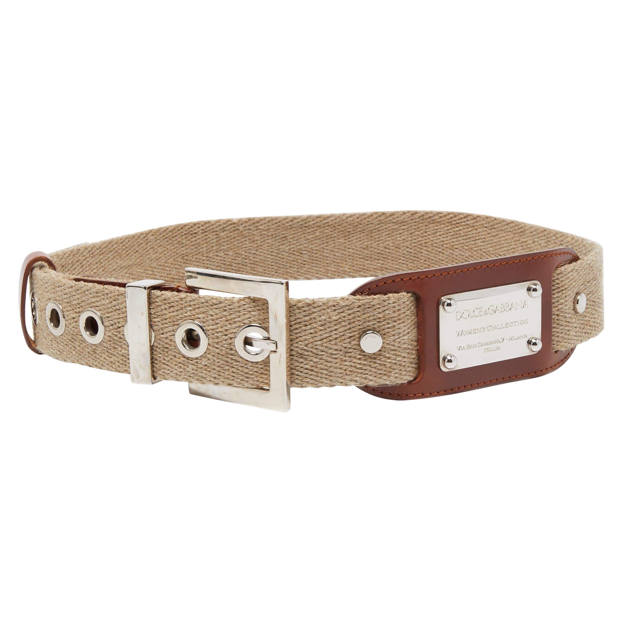 Dolce & Gabbana Beige Canvas and Leather Plaque Detail Waist Belt 80CM