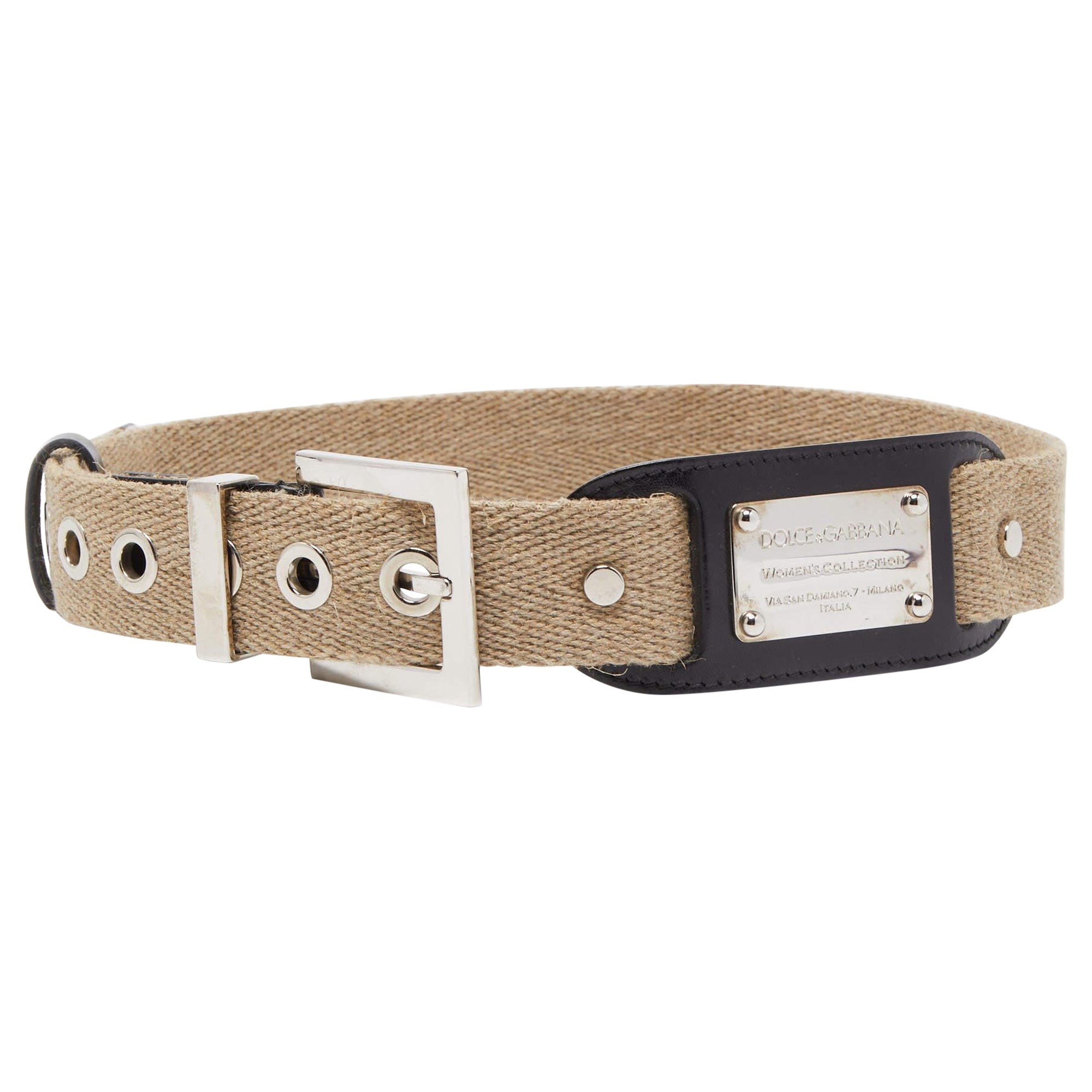 Dolce & Gabbana Beige Canvas and Leather Plaque Detail Waist Belt 80CM For Sale