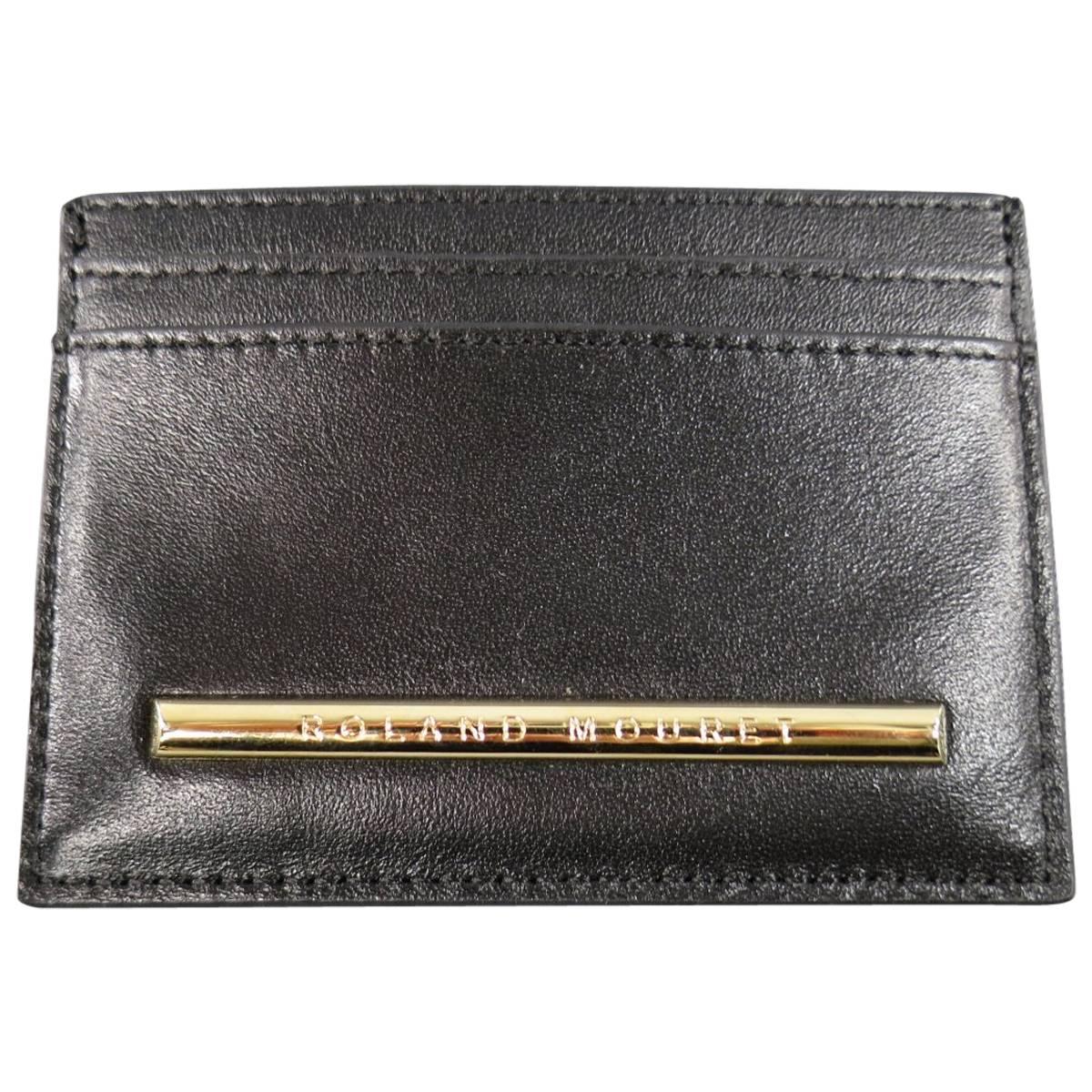 New ROLAND MOURET Card Case - Black Leather Gold Engraved Metal 