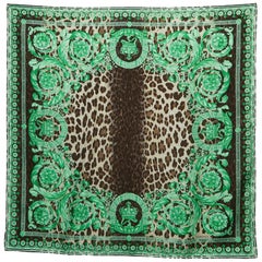 Versace Green Animal & Baroque Print Silk Square Scarf