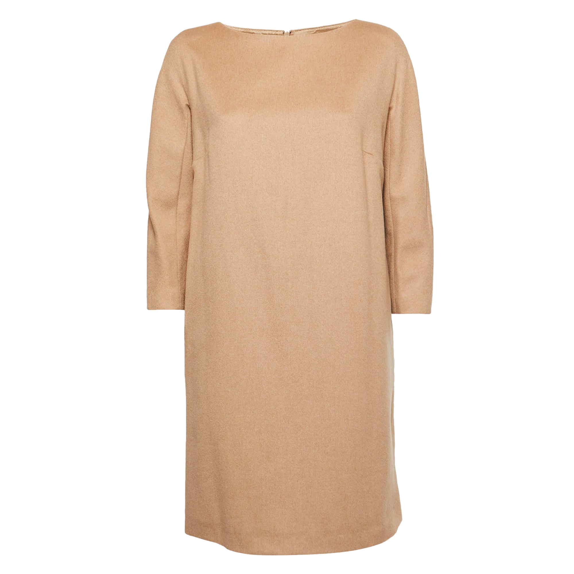 Max Mara Brown Brown Camel Hair Long Sleeve Shift Dress M en vente