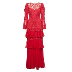 Tadashi Shoji Pink Embroidered Tulle Ruffled Chiffon Gown M