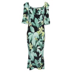 Norma Kamali Green leaf Printed Jersey off-shoulder Fishtail Dress L