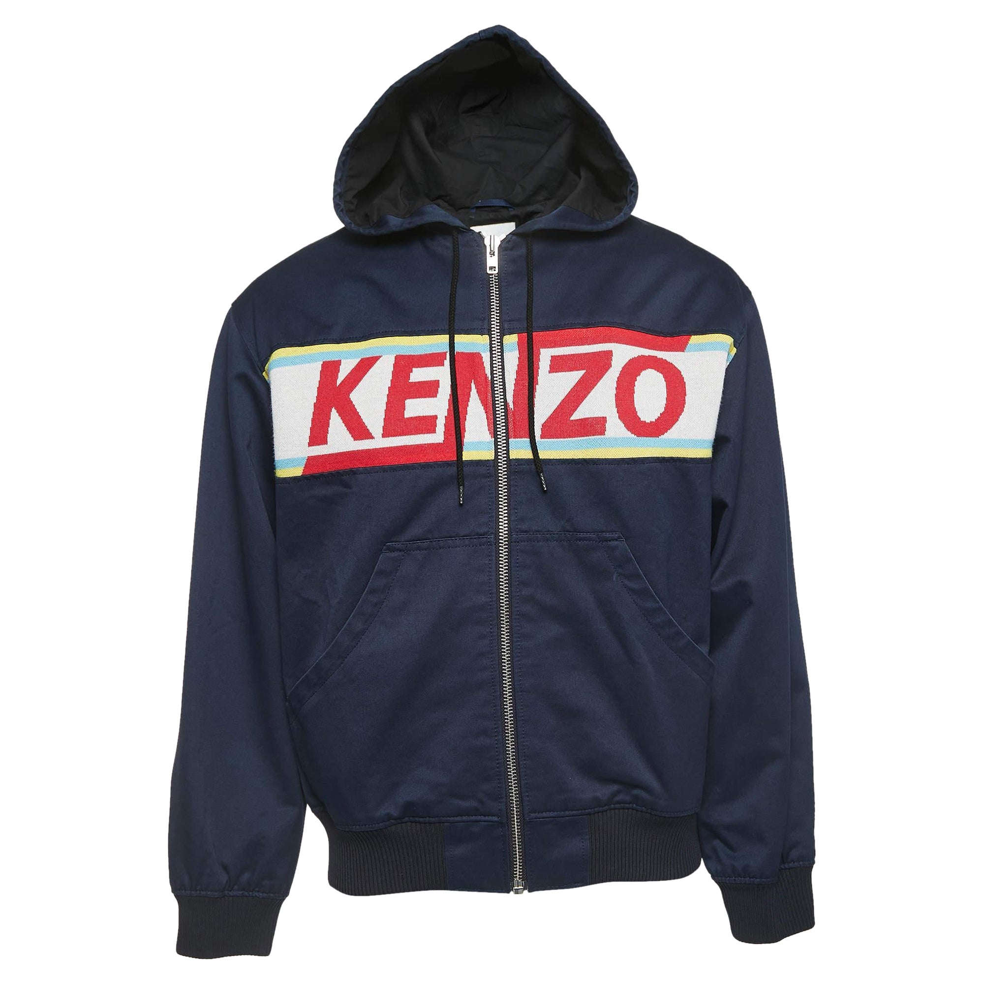 Kenzo Navy Blue Gabardine Logo Detailed Zip Front Hooded Jacket S For Sale