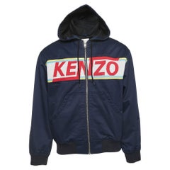 Kenzo Navy Blue Gabardine Logo Detailed Zip Front Hooded Jacket S