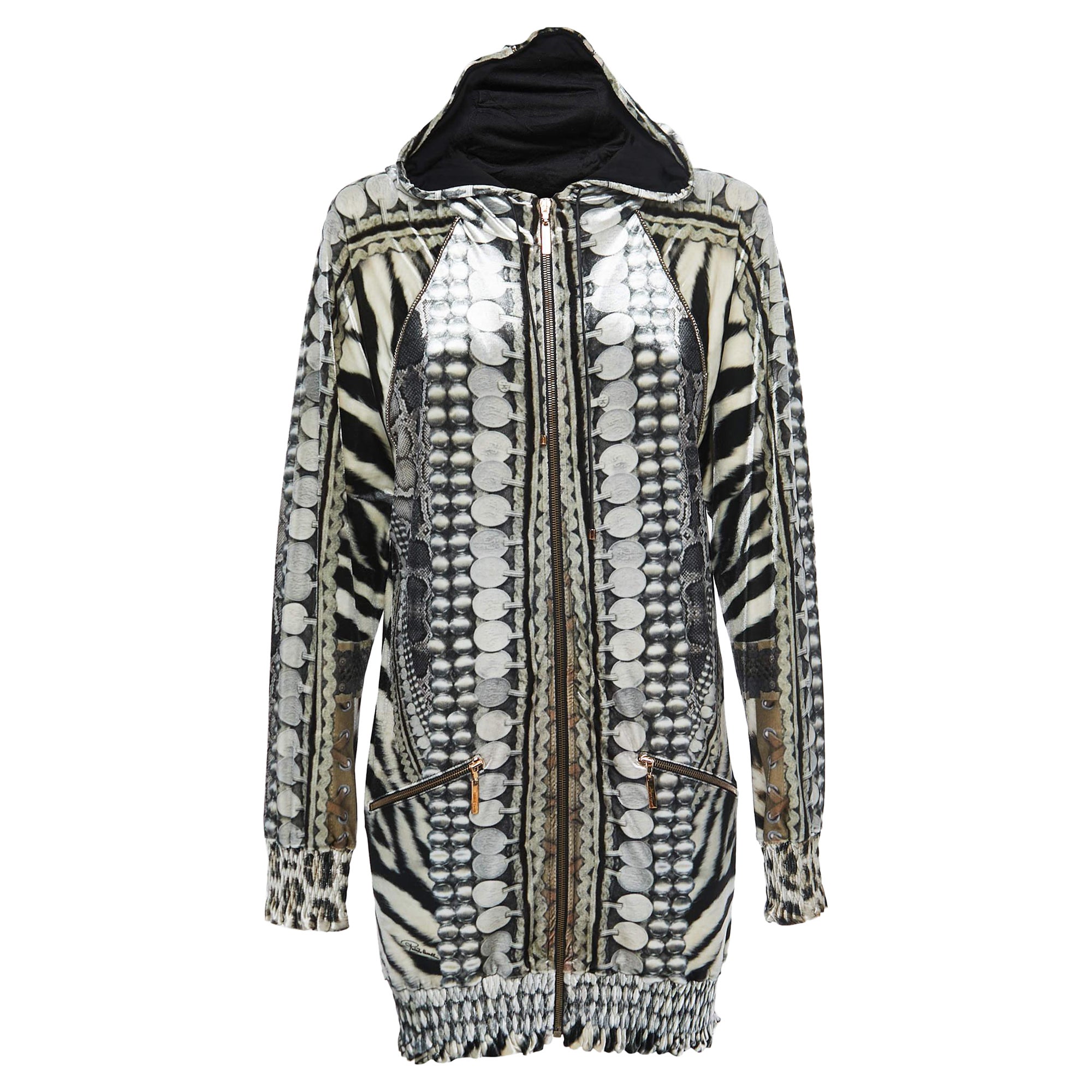 Roberto Cavalli Black/White Printed Velvet Zip Front Hooded Jacket M For Sale