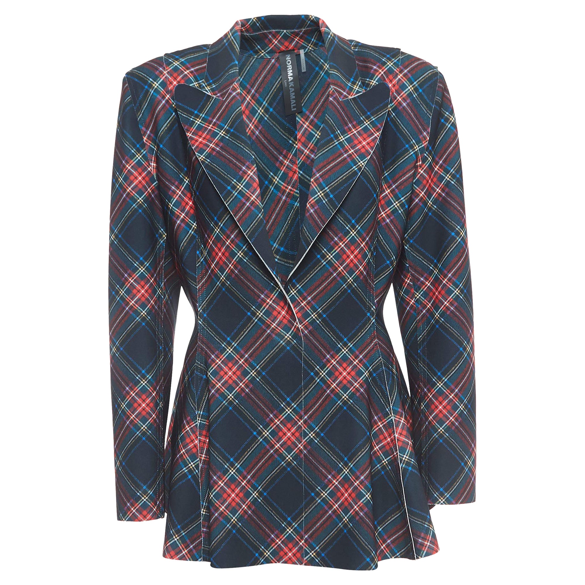 Norma Kamali Multicolor Plaid Jersey Peplum Jacket L For Sale