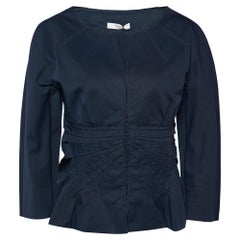 Prada Navy Blue Gabardine Draped Detail Hook Front Jacket L