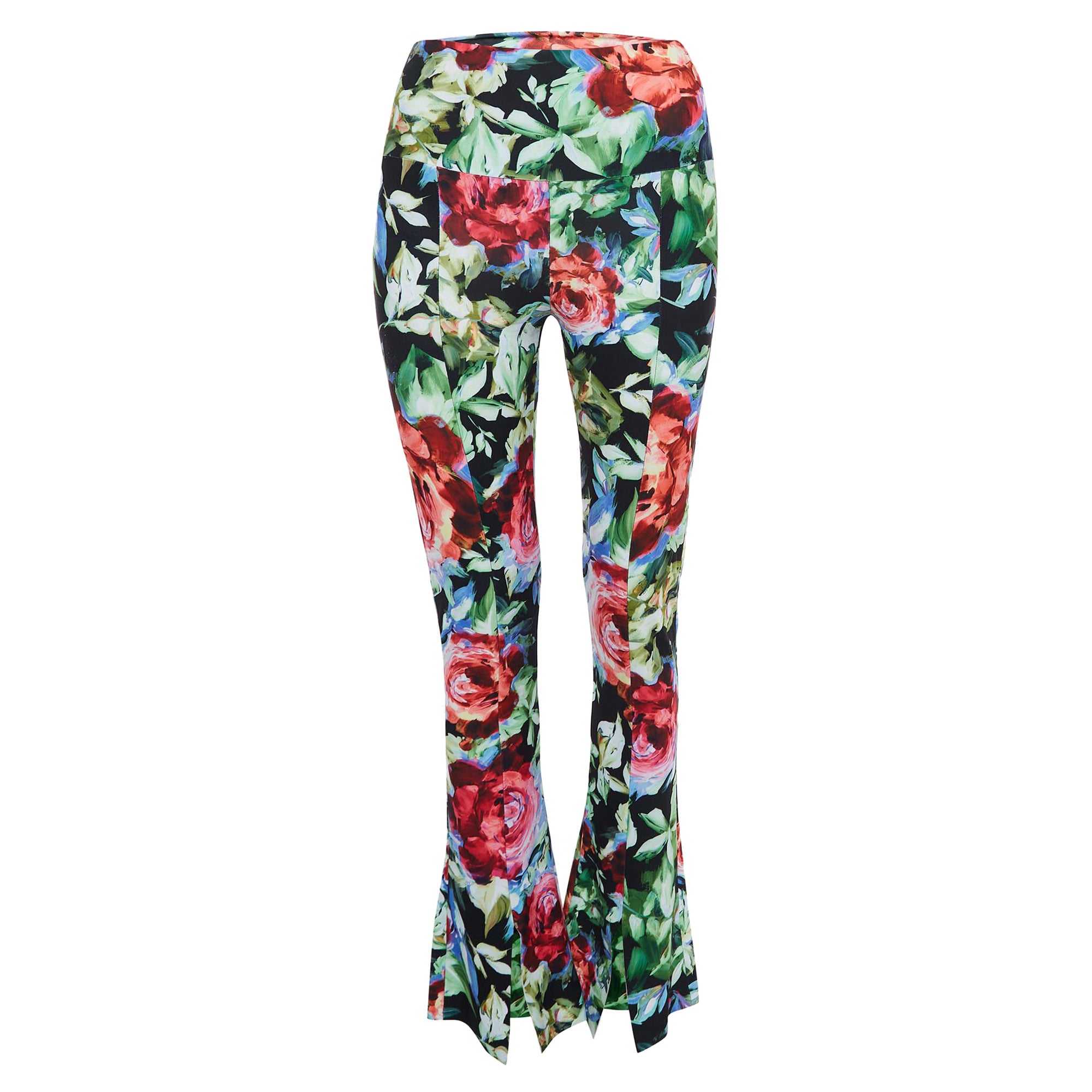 Norma Kamali Multicolor Floral Printed Jersey Bell Bottom Pants M For Sale