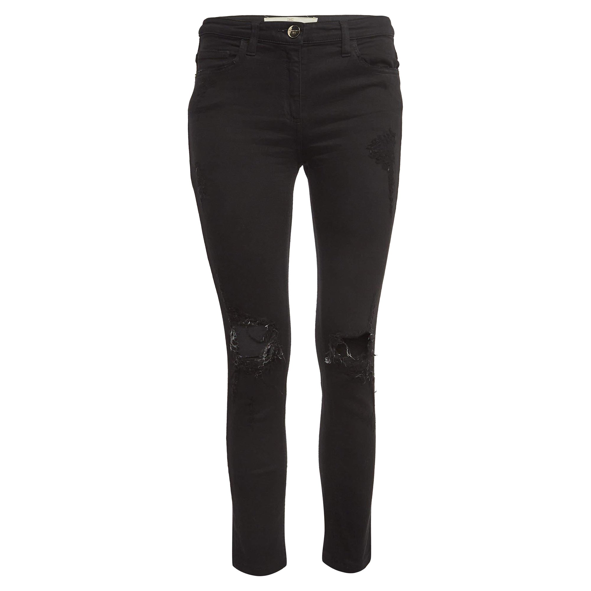 Elisabetta Franchi Black Distressed Denim Skinny Jeans M Waist 30" For Sale