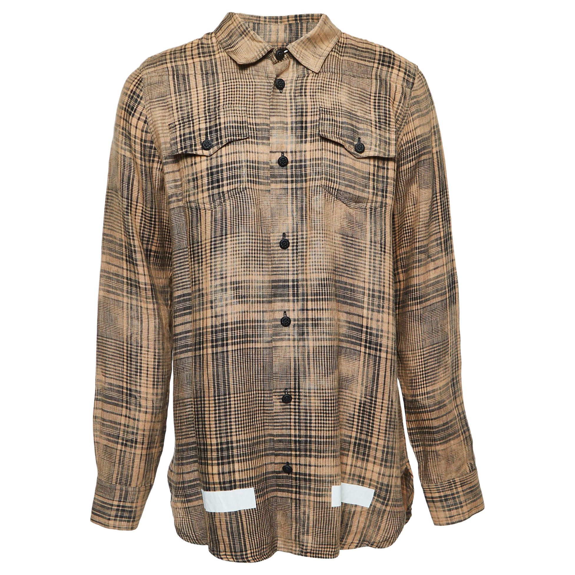 Off-White Beige Plaid Linen Button Front Full Sleeve Shirt M For Sale