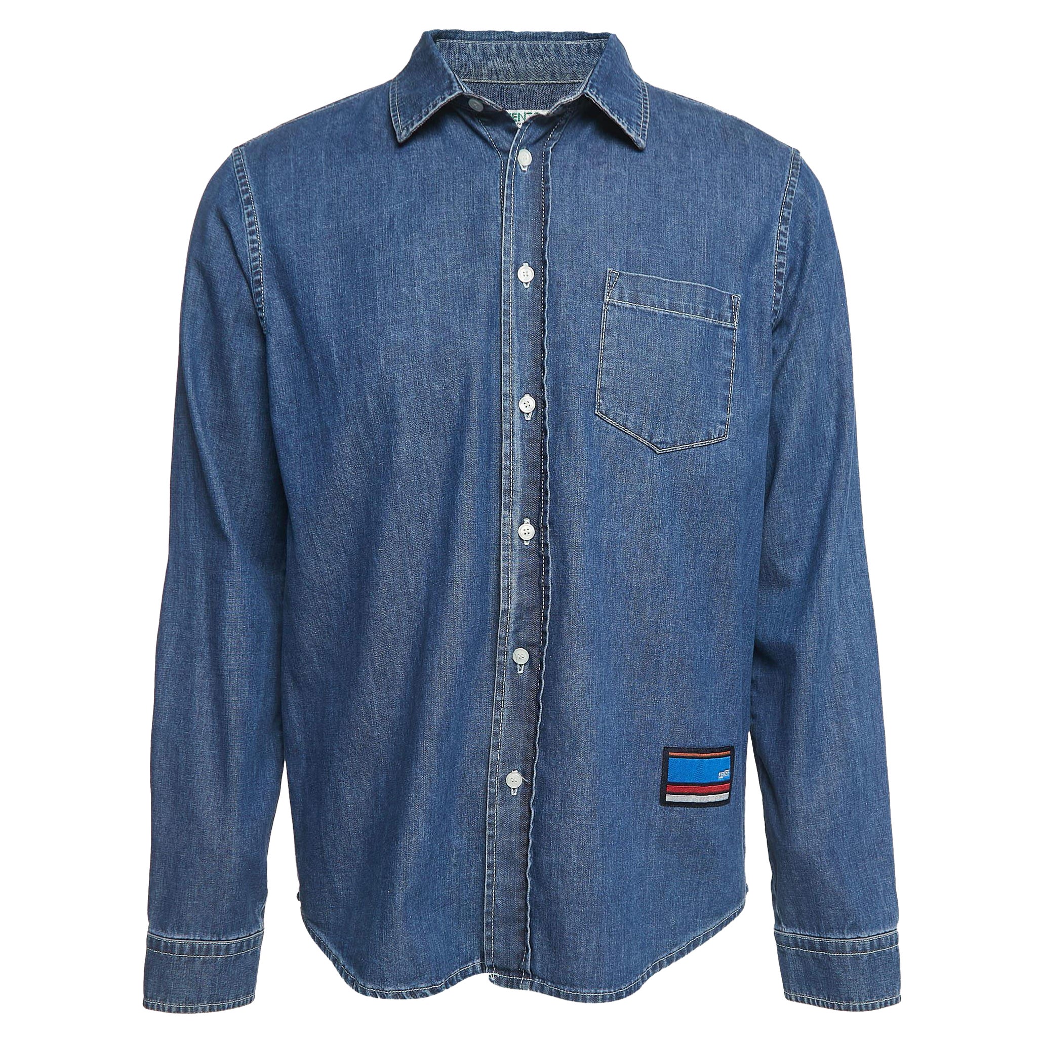 Kenzo Blue Denim Logo Patch Button Front Shirt M For Sale