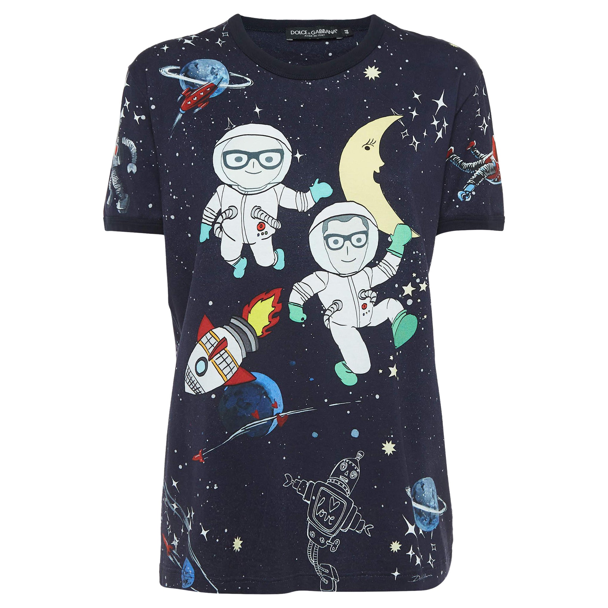 Dolce & Gabbana Navy Blue Space Print Cotton Half Sleeve T-Shirt M For Sale