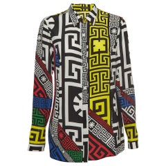 Versace Multicolor Geometric Greek Print Chiffon Silk Shirt L