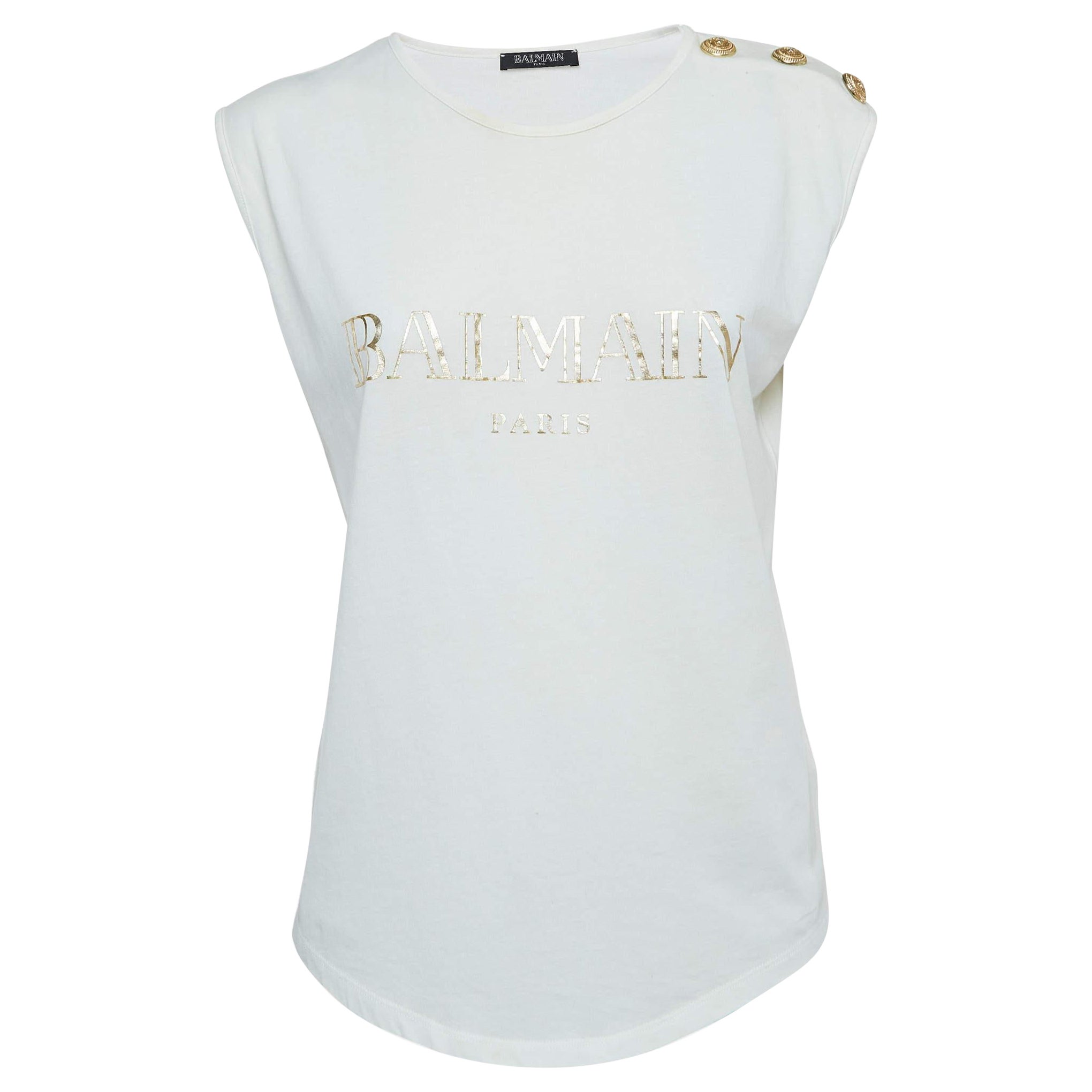 Balmain White Logo Print Distressed Cotton Button Detailed Tank Top M For Sale