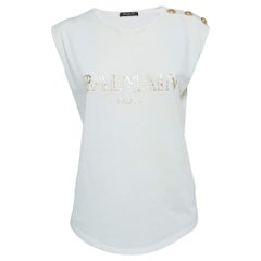 Balmain Weißes Tank-Top aus Baumwolle mit Logodruck und Knopfleiste im Used-Look M