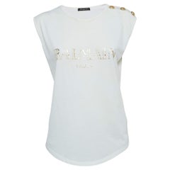 Balmain White Logo Print Distressed Cotton Button Detailed Tank Top M