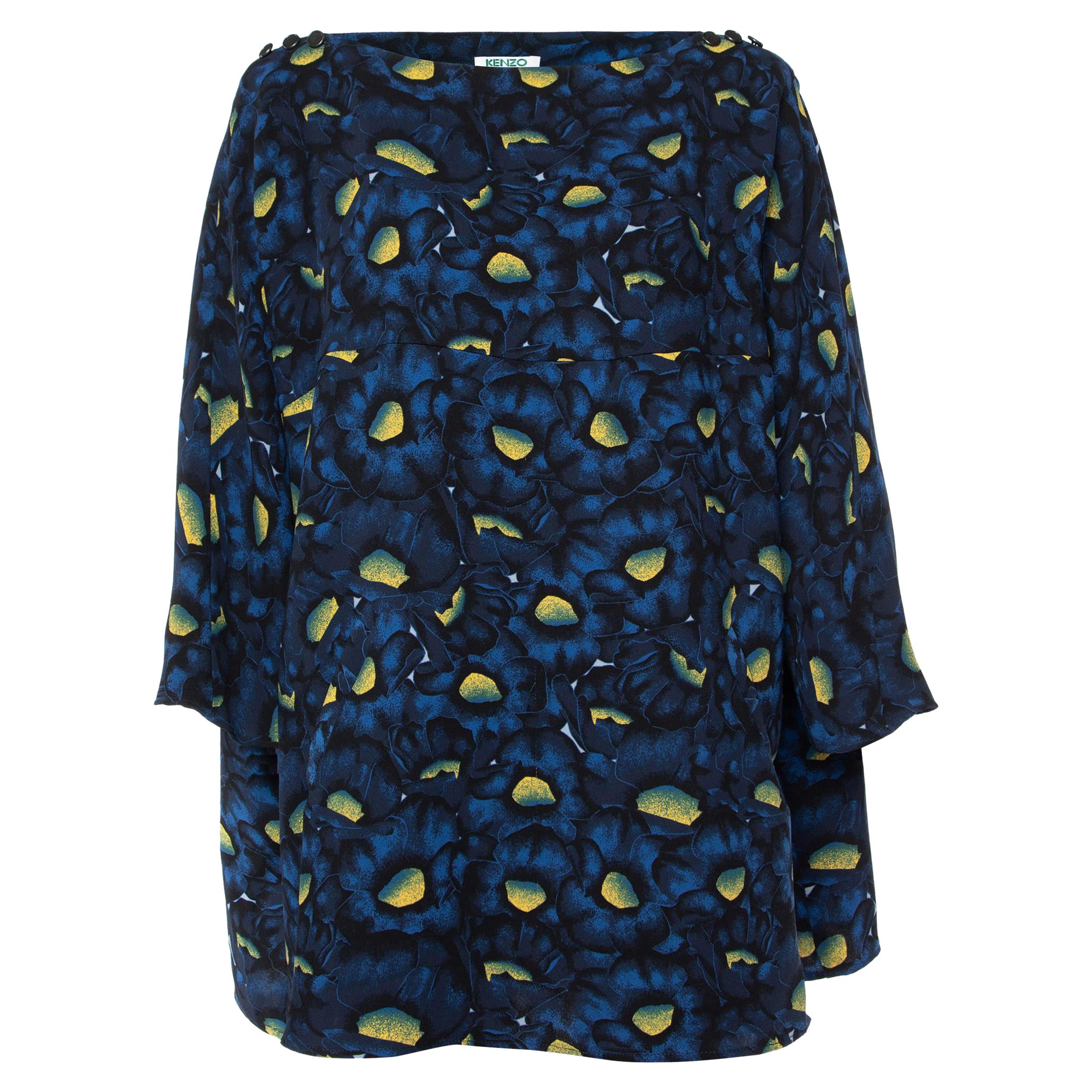 Kenzo Navy Blue Floral Print Crepe Oversized Blouse M For Sale