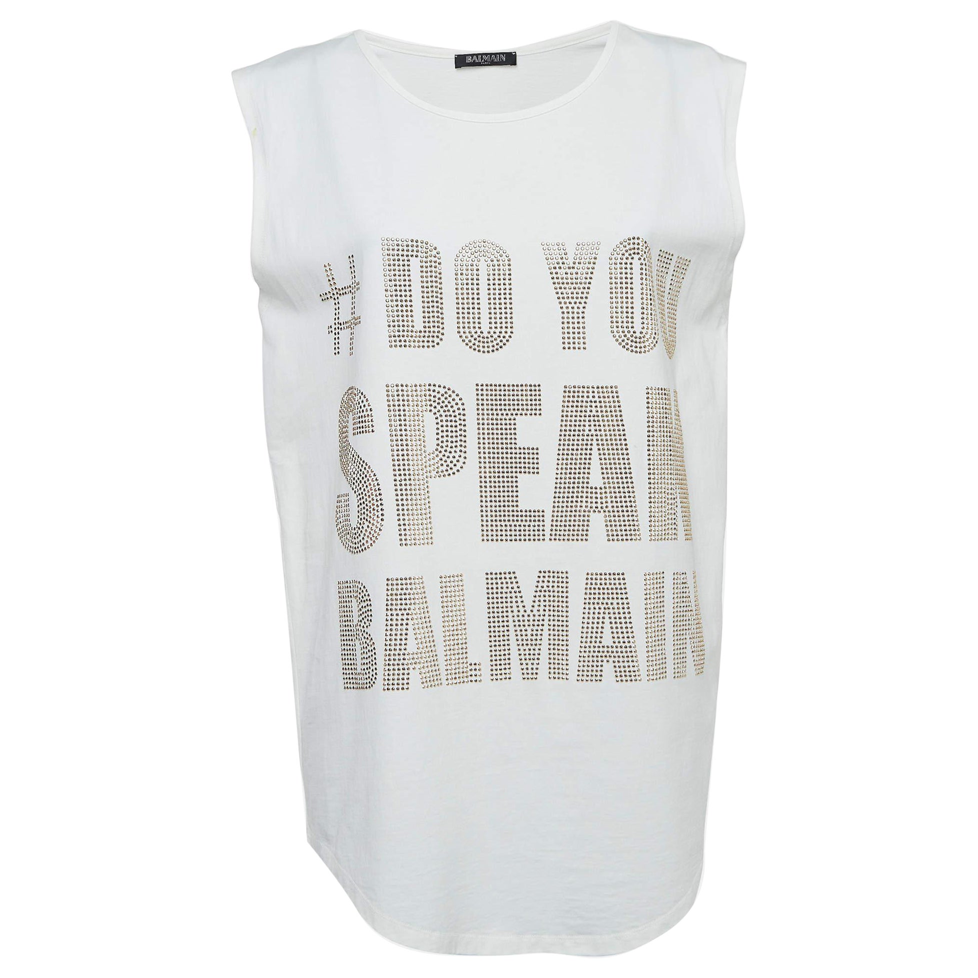 Balmain Off-White Slogan Studded Cotton Tank Top S For Sale