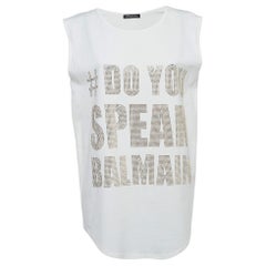 Balmain Off-White Slogan Studded Cotton Tank Top S