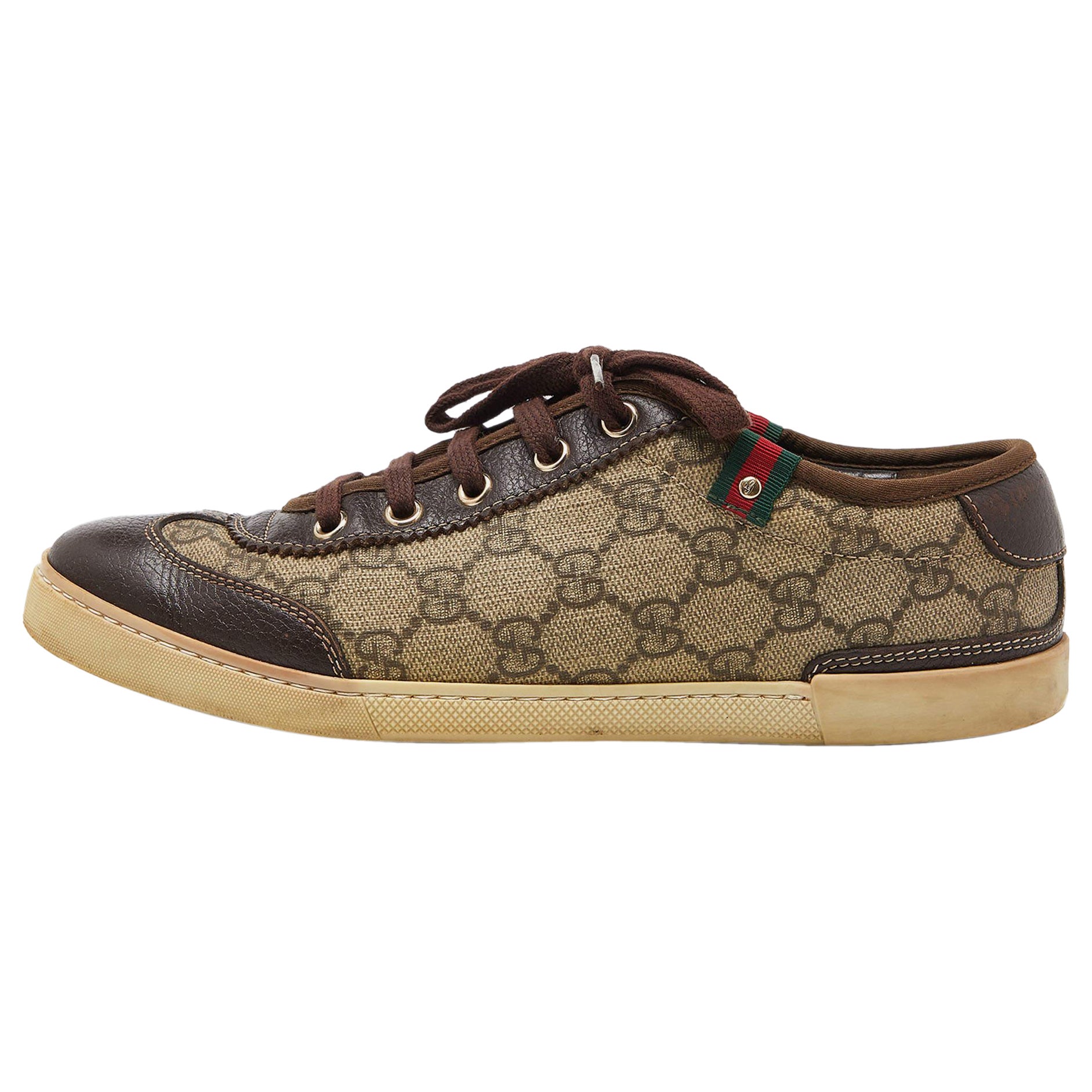 Gucci Beige/Marrón GG Supreme Zapatillas de lona y piel con cordones tamaño 37.5