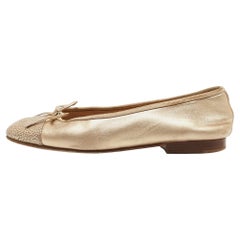 Chanel Gold Leather CC Cap Toe Bow Ballet Flats Size 34.5