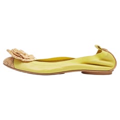 Chanel Green Leather and Cork Camellia Ballet Flats Size 41