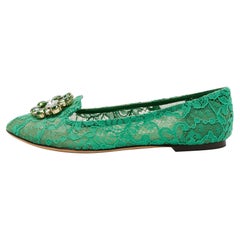 Dolce & Gabbana Green Lace Crystal Embellished Taormina Ballet Flats Size 40