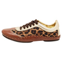 Dolce & Gabbana Brown Leather & Canvas Leopard Print Low Top Sneakers Size 40.5