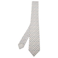 Hermes Light Grey Snow Park Print Silk Tie