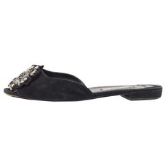 Prada Black Suede Crystal Embellished Flat Slides Size 37