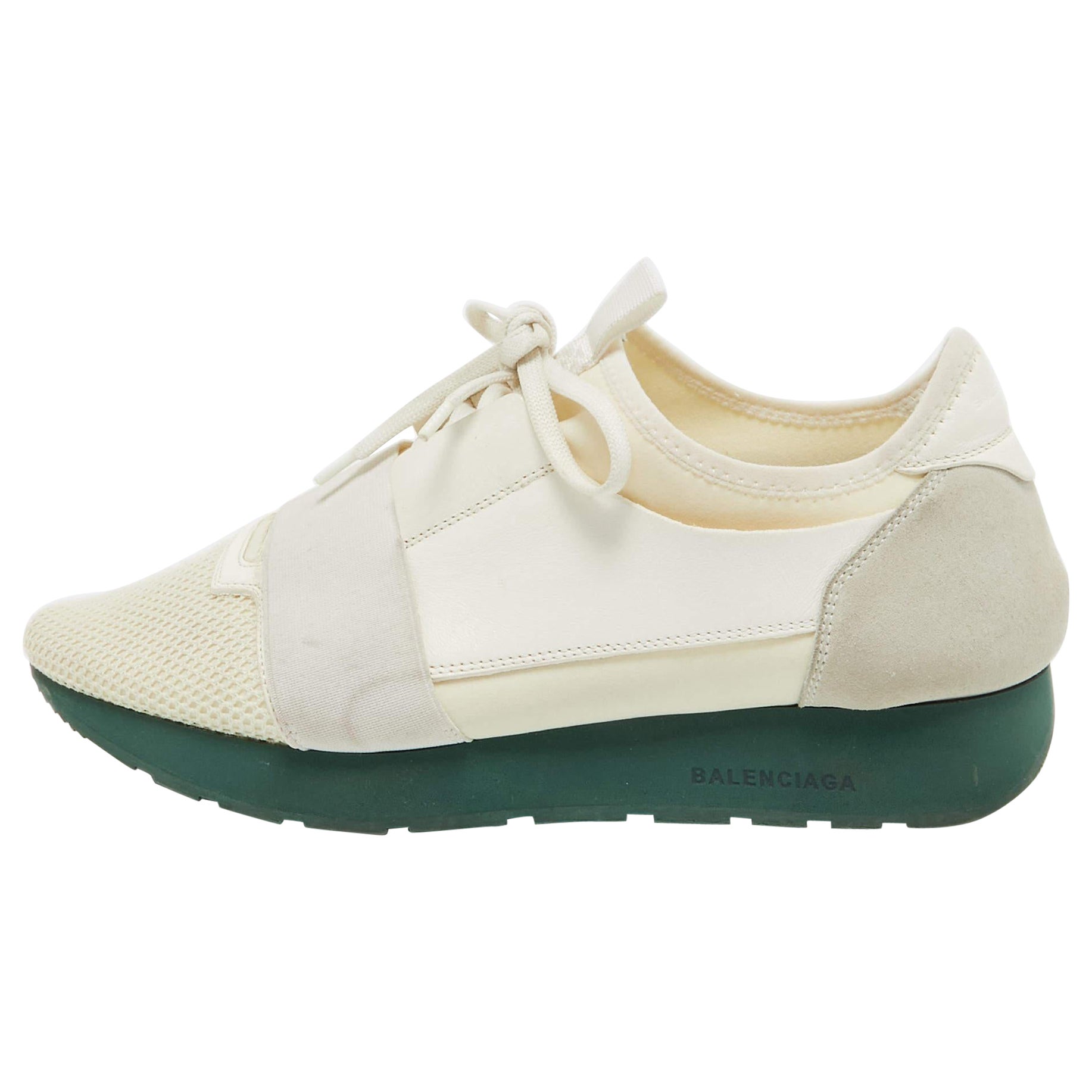 Balenciaga Off White Mesh and Leather Race Runner Sneakers Size 41 For Sale