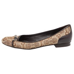 Gucci Beige/Brown Canvas and Leather Logo Embellished Ballet Flats Size 39