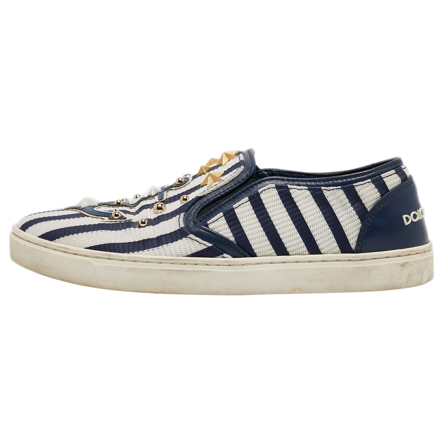 Dolce & Gabbana White/Blue Mesh and Leather Studded Slip On Sneakers Size 36 For Sale