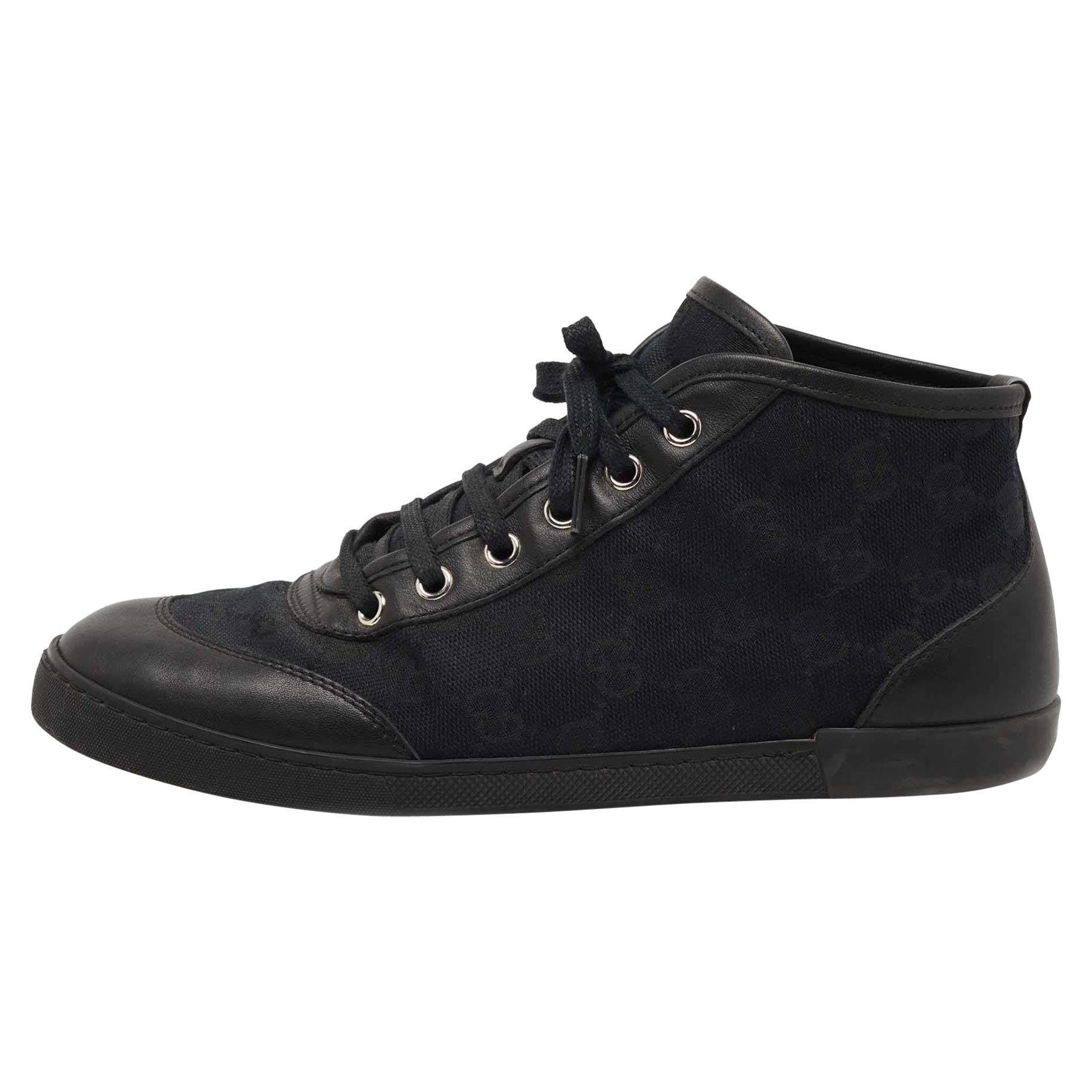 Gucci Black Leather and GG Canvas High Top Sneakers Size 37 at 1stDibs