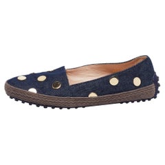 Tod's Navy Blue Denim Studded Espadrille Flats Size 36.5