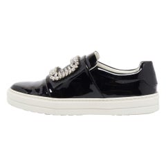 Roger Vivier Black Patent Leather Sneaky Crystal Embellished Slip On Sneakers