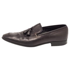 Used Salvatore Ferragamo Black Leather Loreno Tassel Slip On Loafers Size 45