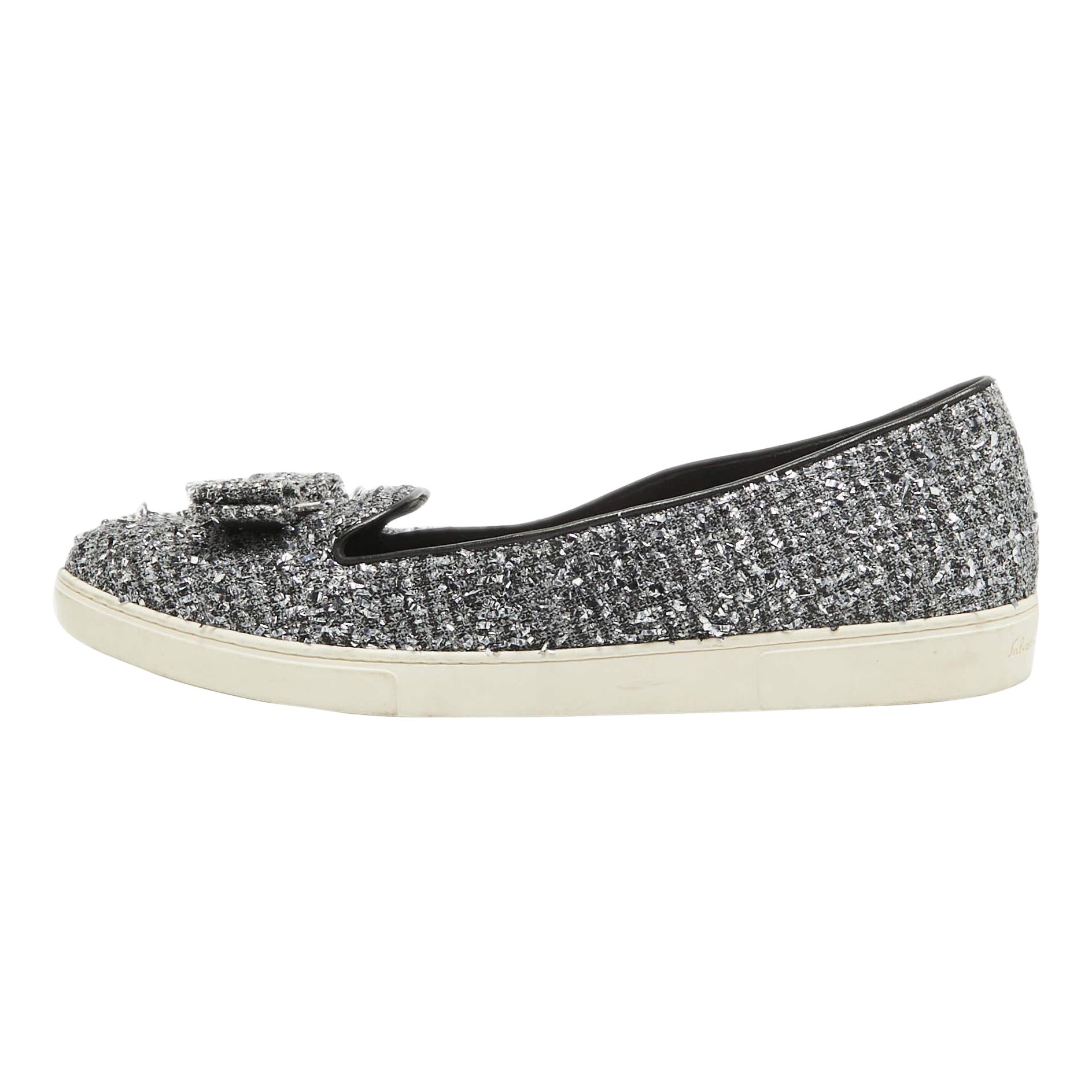 Salvatore Ferragamo Silver Tweed Bow Slip On Sneakers Size 41.5 For Sale