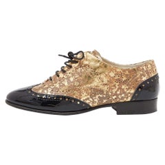 Chanel Metallic Gold/Black Patent Leather Brogue Lace-Up Oxford  Size 37
